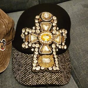 Embellished Black + Gold Cross Cap OOAK Upcycled 100% Wool, Size L/XL